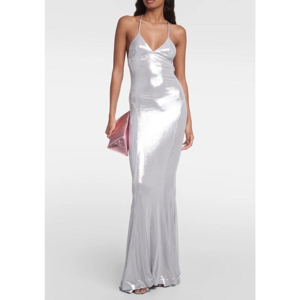 Norma Kamali Metallic Stretch Lamé Open Back Maxi Mermaid Gown Silver Large - Picture 5 of 14